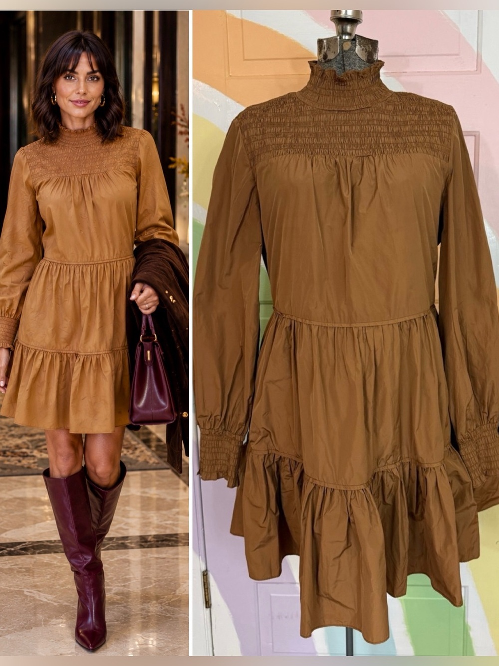 Smocked High-Neck Tiered Mini Dress in Camel